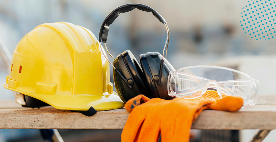 imagem de epis com um capacete de proteção, luvas, fones de ouvido e óculos