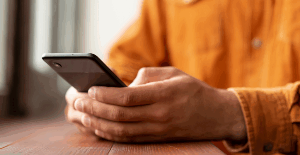 Pessoa usando smartphone em ambiente interno, demonstrando uso de tecnologia móvel com atenção para detalhes na mão e roupa de tecido laranja